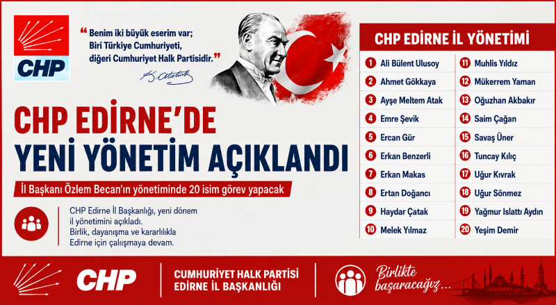 Cumhuriyet Halk Partisi (CHP) Edirne İl Başkanlığı’nda yeni dönem yönetim